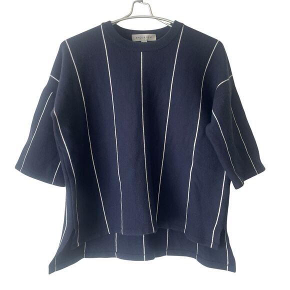 Amour Vert Cropped Sweater Merino Wool Navy Blue and White Stripe SMALL - Picture 7 of 7